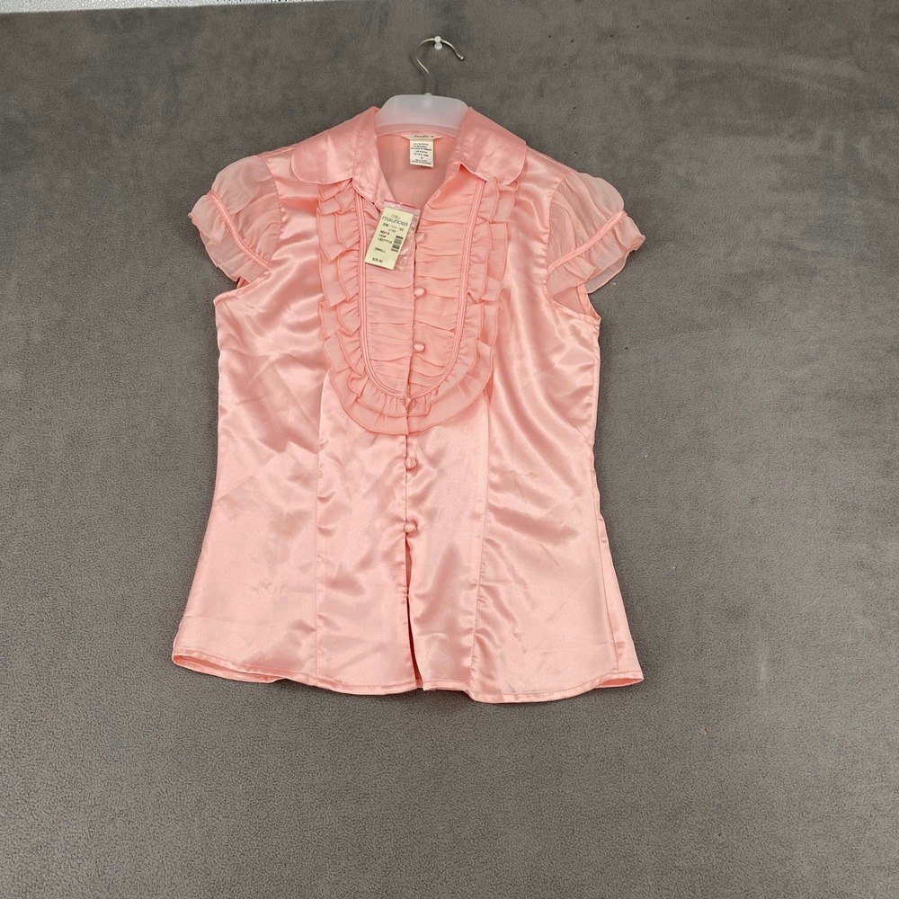 Studio Y Maurices Pink Satin Ruffle Bib Blouse Y2K Short Sleeve Top Small NWT